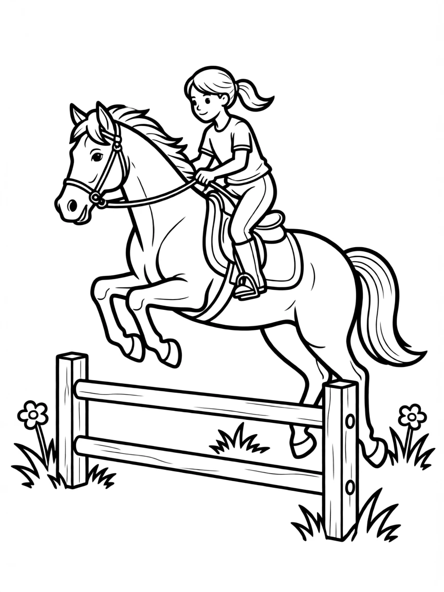 (Chinese Zodiac) Horse and rider jumping over simple fence obstacle