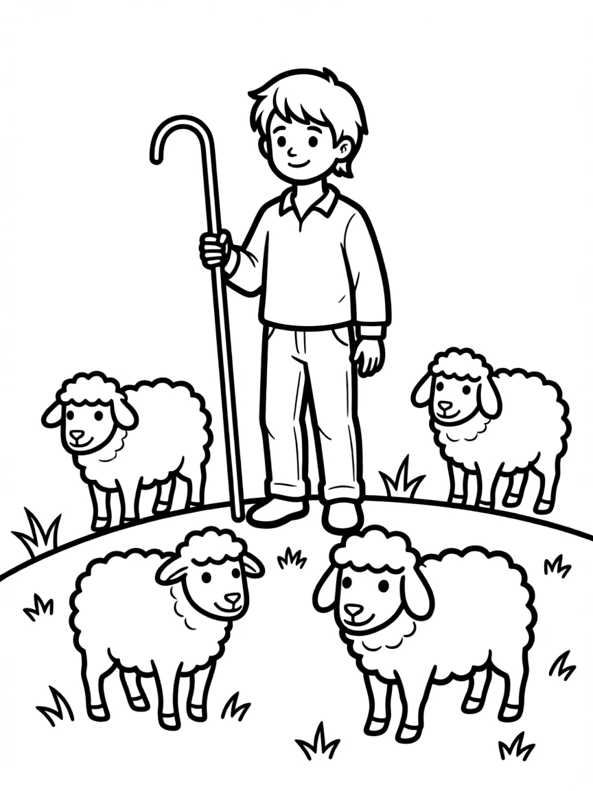 (Chinese Zodiac) Sheep and shepherd with crook staff on hillside