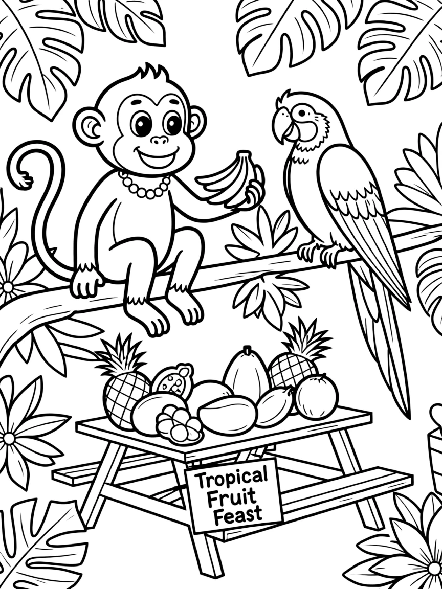 (Chinese Zodiac) Monkey and parrot sharing tropical fruit feast