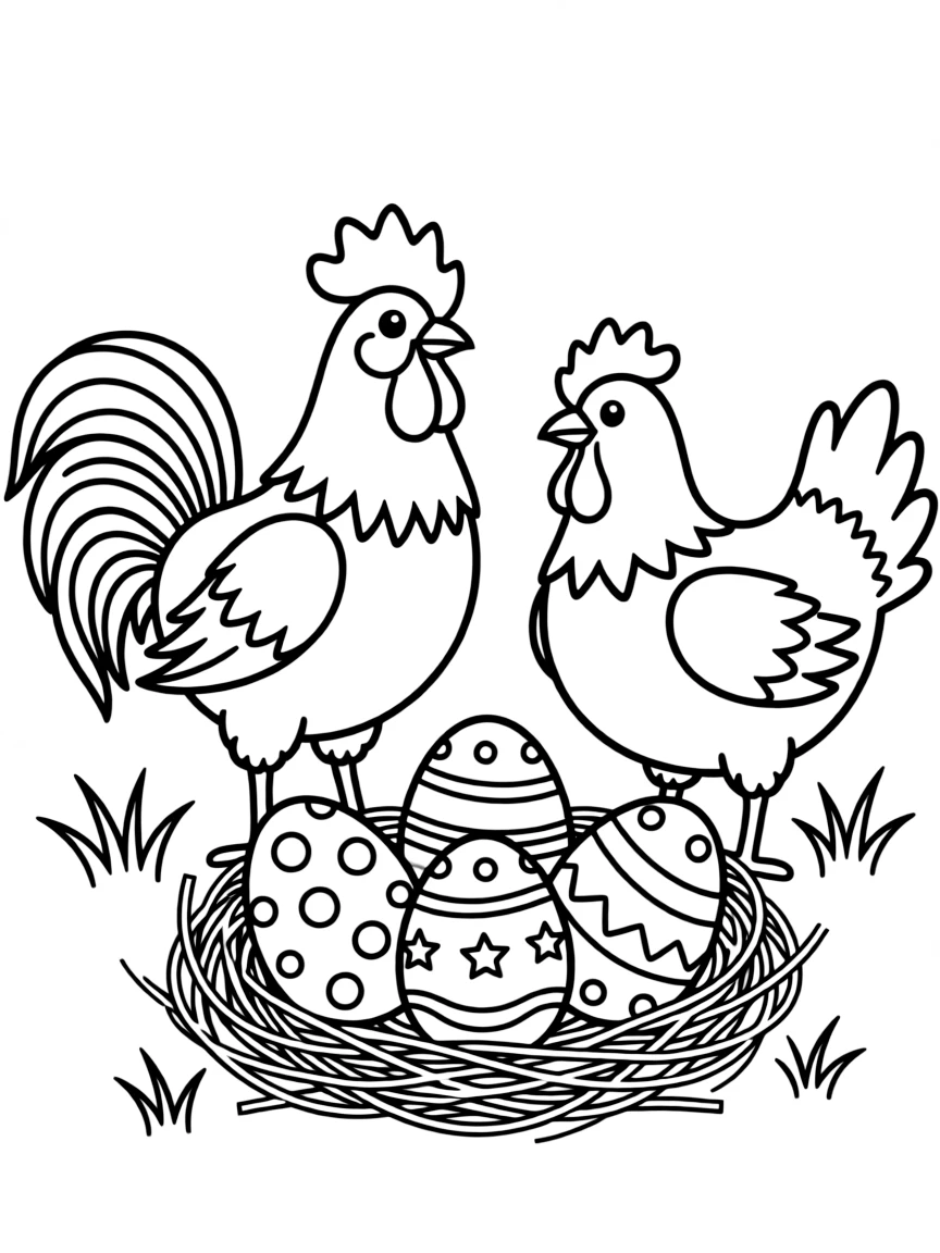 (Chinese Zodiac) Rooster and hen with nest full of decorated eggs