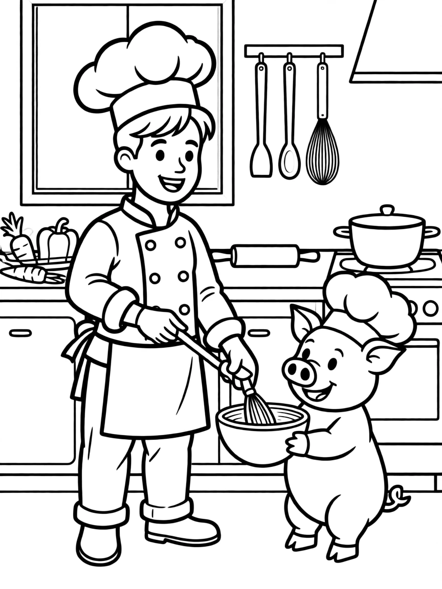 (Chinese Zodiac) Pig and chef preparing meal in kitchen with utensils