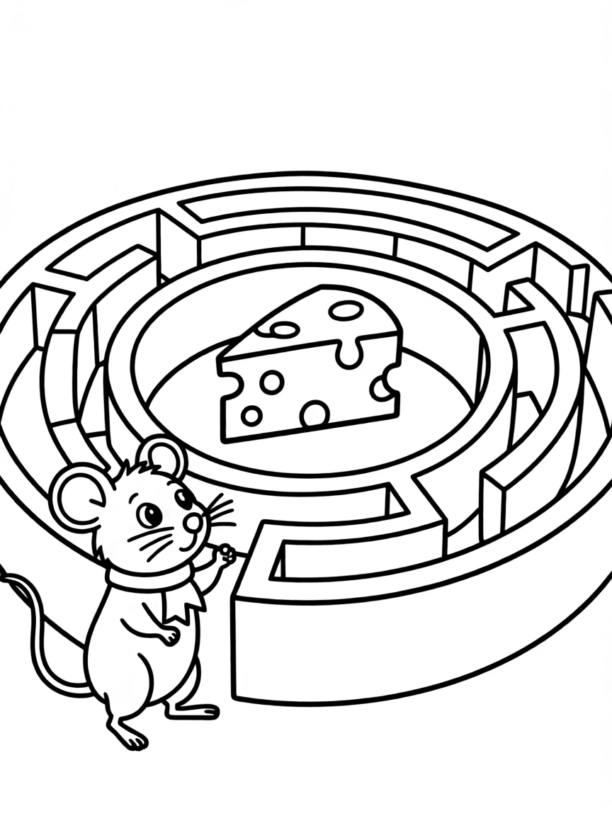 (Chinese Zodiac) Rat exploring maze with cheese at the center