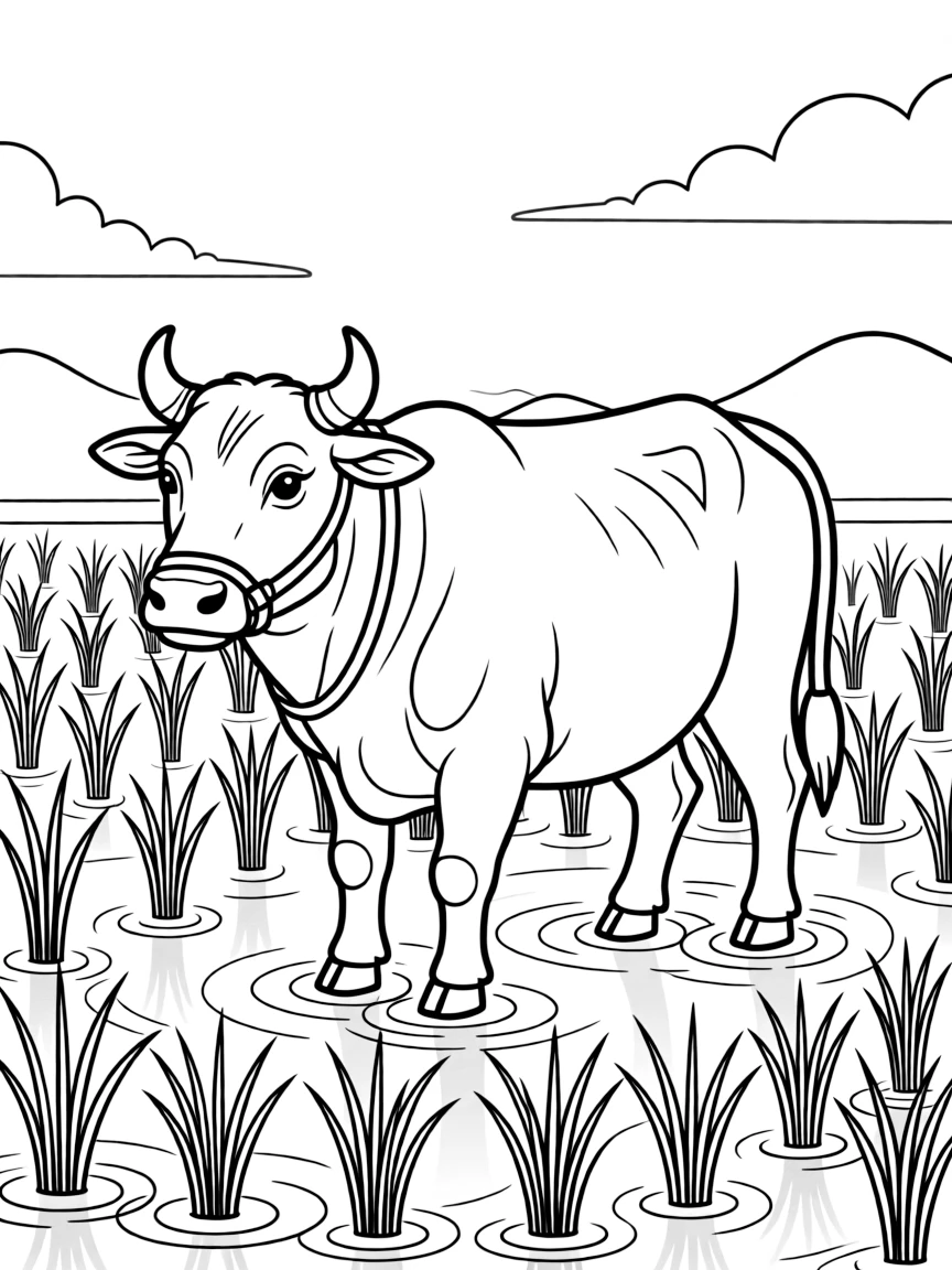(Chinese Zodiac) Ox standing in rice paddy with water and plants
