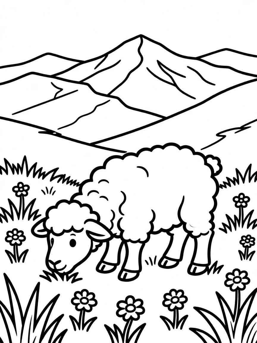 (Chinese Zodiac) Sheep grazing in alpine meadow with mountain outline