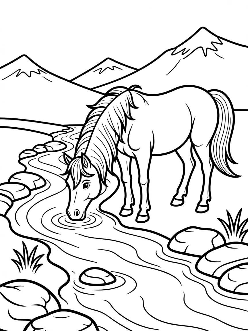 (Chinese Zodiac) Horse drinking from mountain stream with rocks around