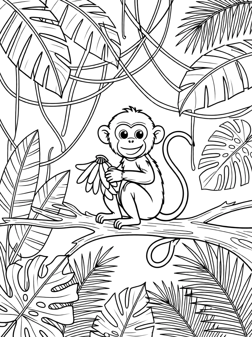 (Chinese Zodiac) Monkey in jungle canopy with vines and tropical leaves