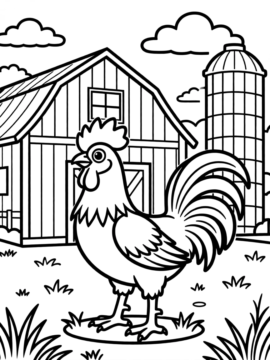 (Chinese Zodiac) Rooster in farmyard with barn and silo in background