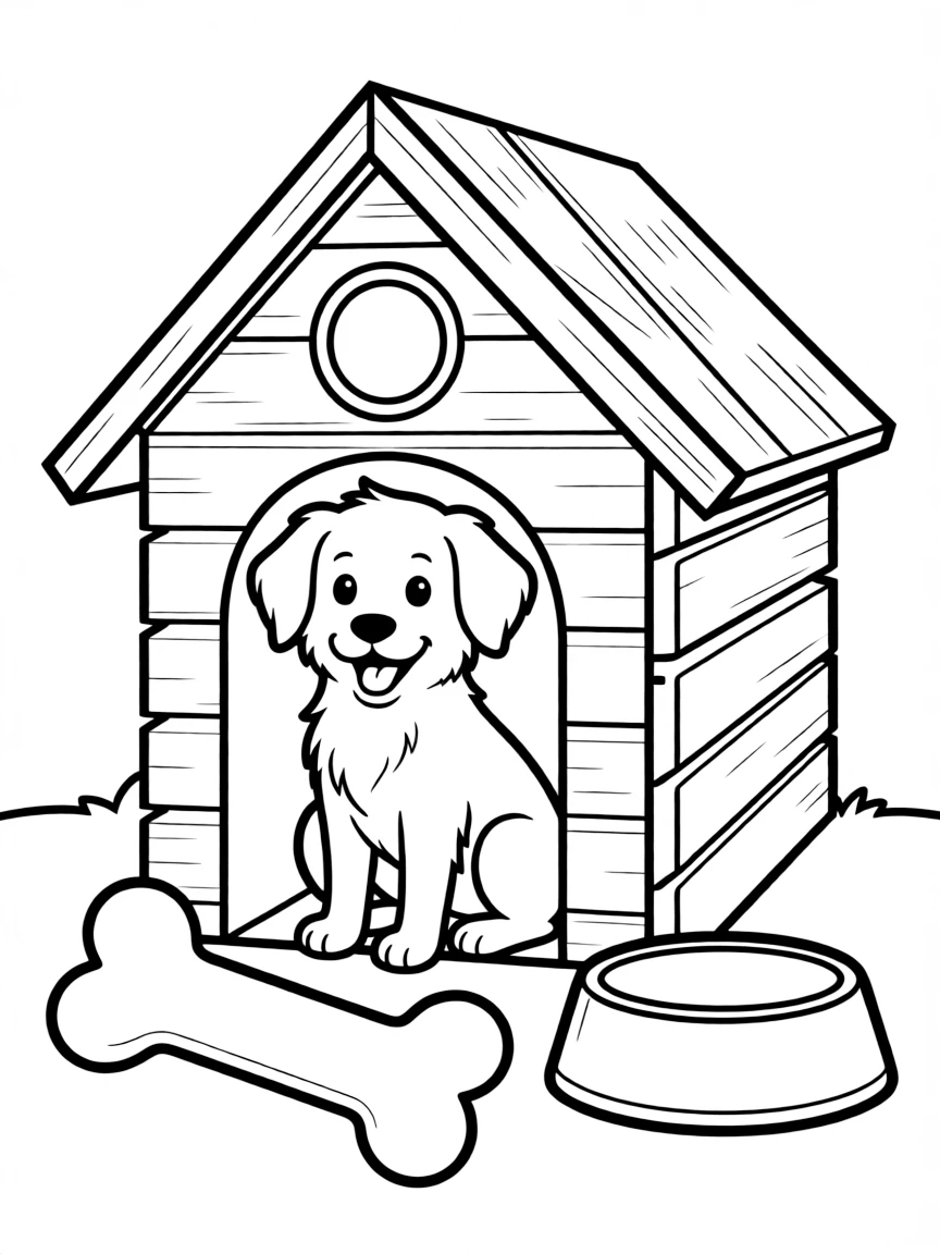 (Chinese Zodiac) Dog in doghouse with bone and food bowl nearby