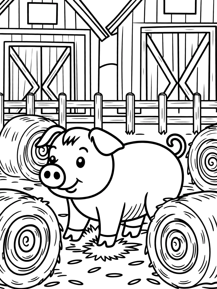 (Chinese Zodiac) Pig in barnyard with fence and hay bales around