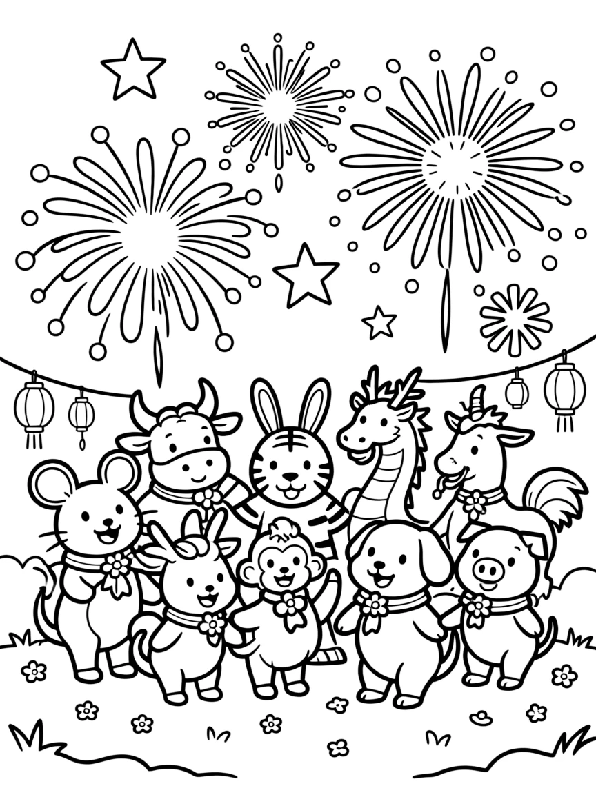 (Chinese Zodiac) Grand finale scene with all animals celebrating friendship under fireworks