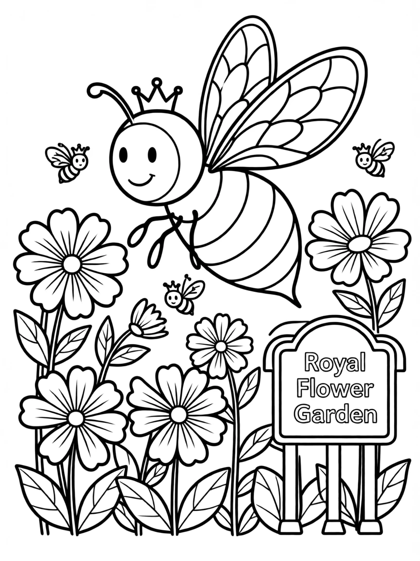 Q is for Queen bee in a royal flower garden