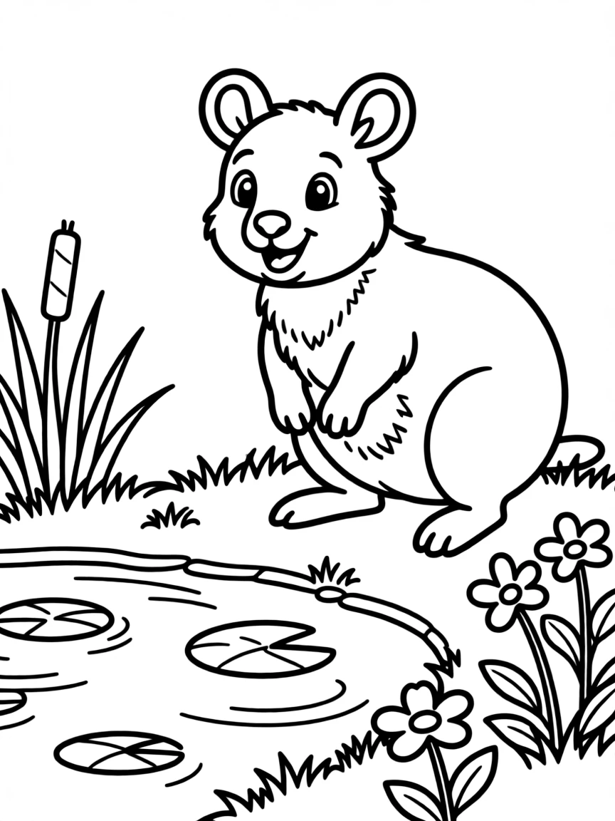 Q is for Quokka smiling near a pond