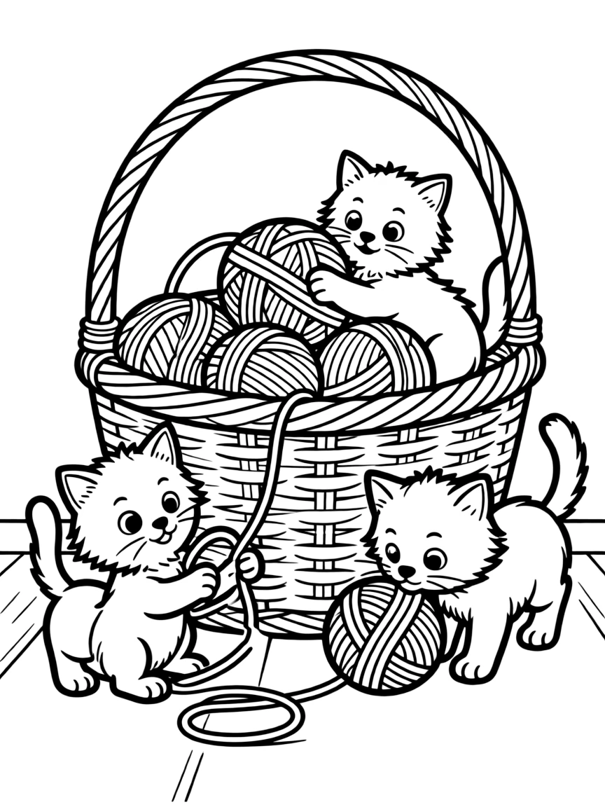 Y is for Yarn basket with kittens playing