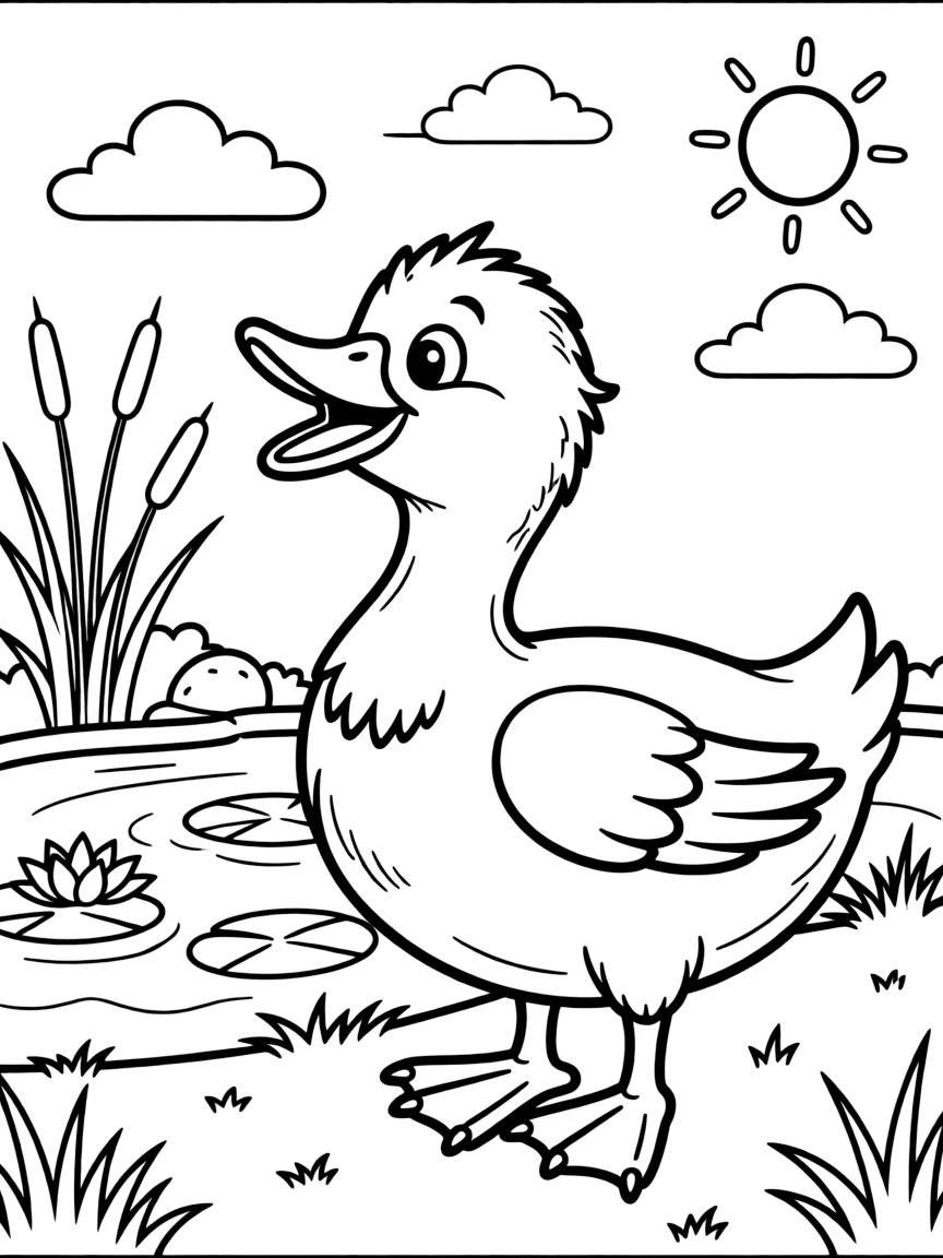 Q is for Quacking duck near a pond
