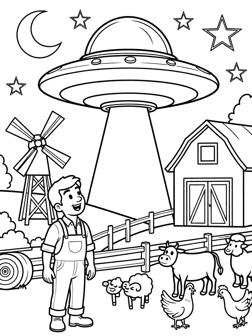 U is for UFO visiting a farm at night
