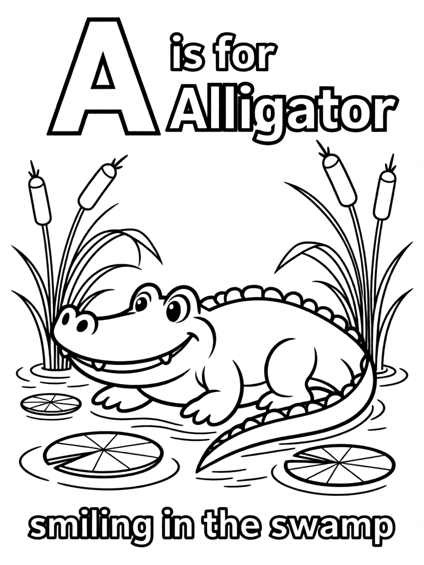 (letter card) A is for Alligator smiling in the swamp