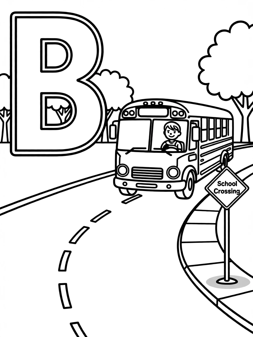 (letter card) B is for Bus driving on a school road