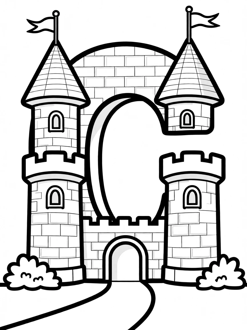 (letter card) C is for Castle with flags and towers