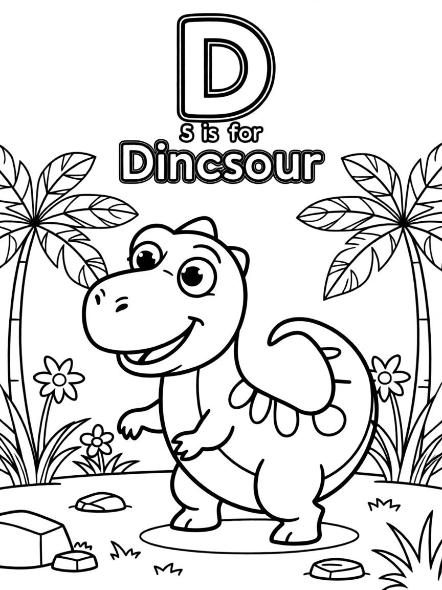 (letter card) D is for Dinosaur stomping through the jungle
