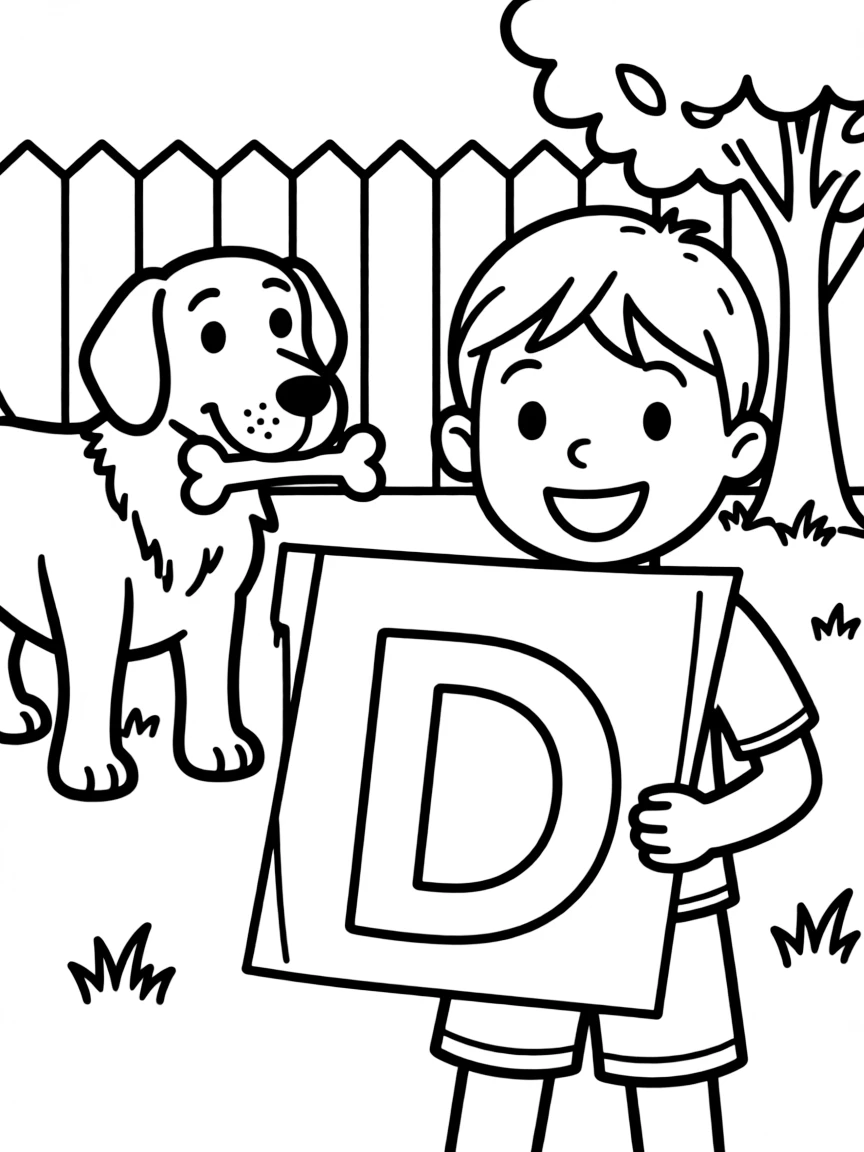 (letter card) D is for Dog with a bone in the backyard