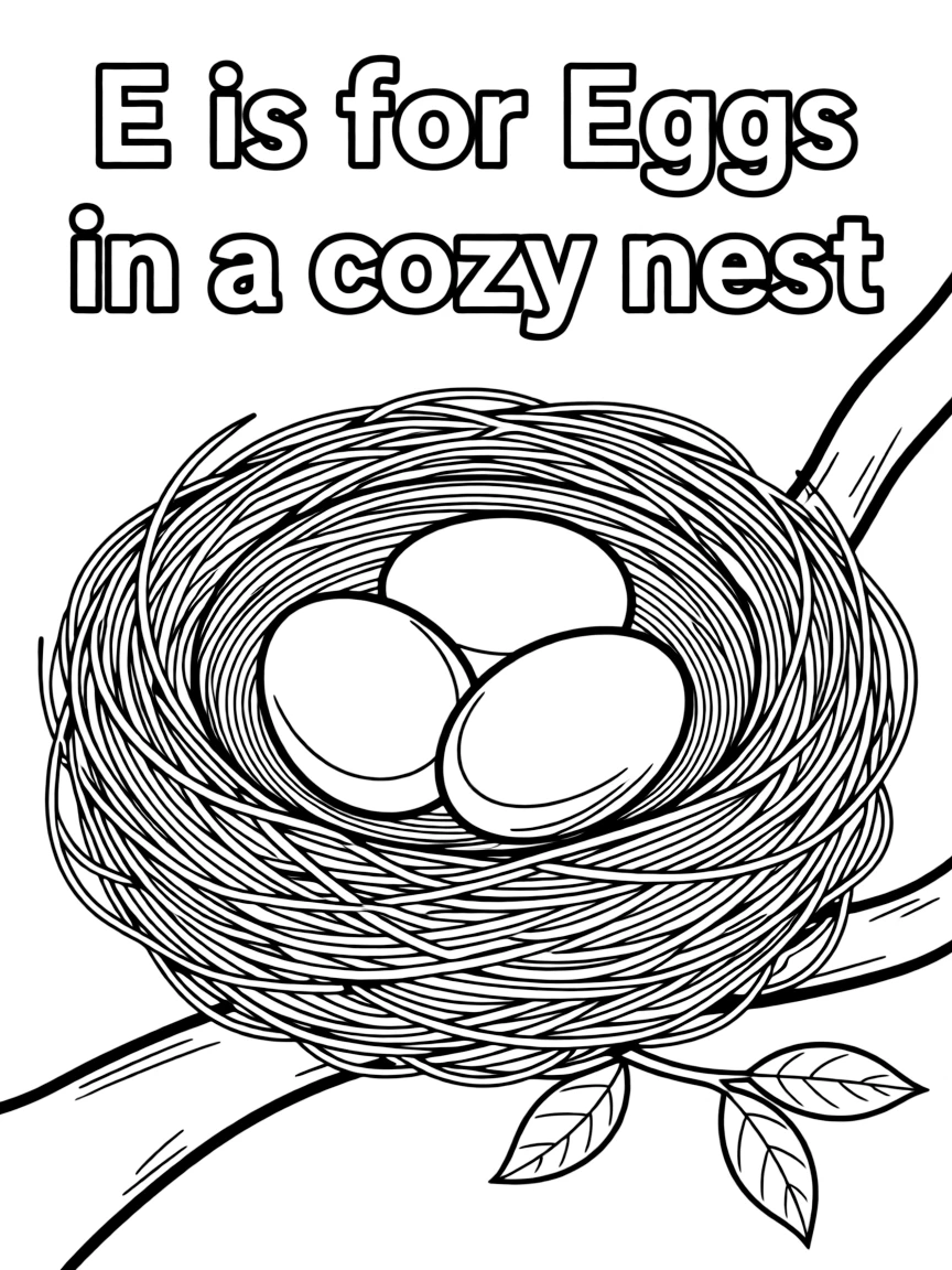 (letter card) E is for Eggs in a cozy nest