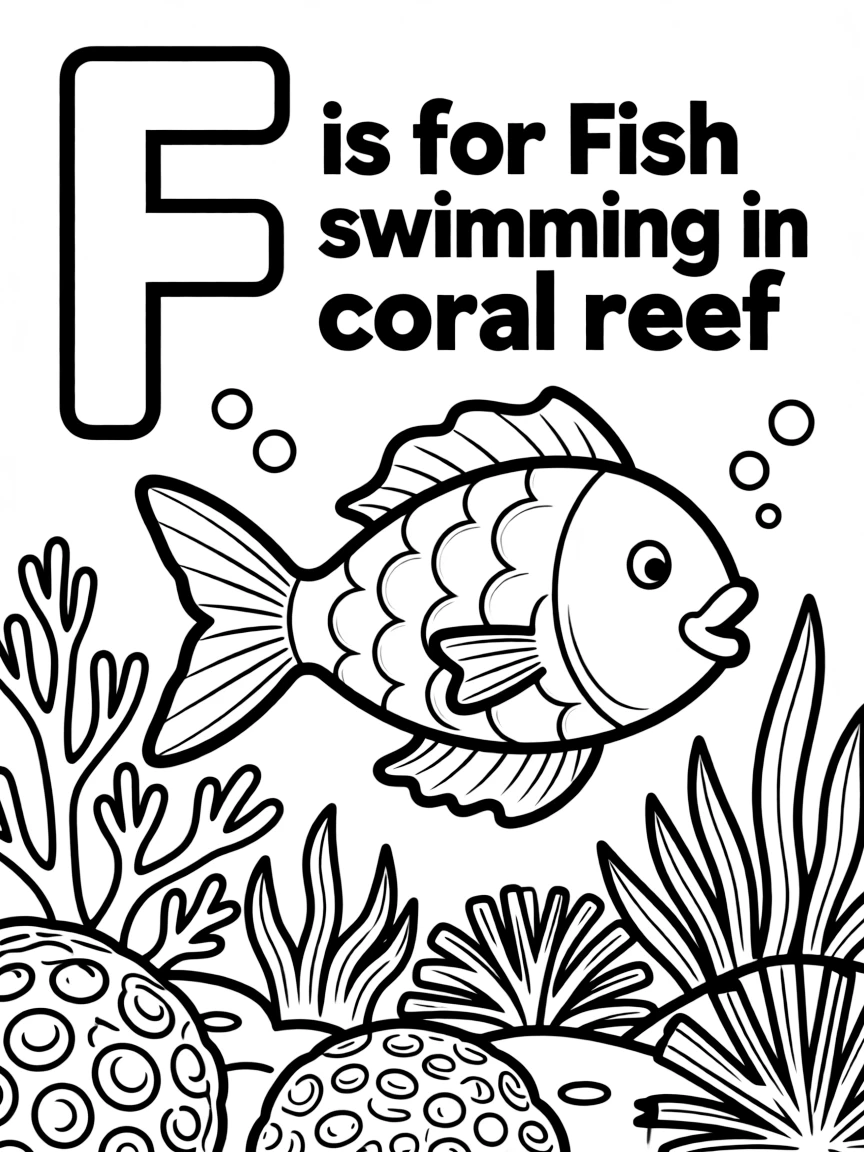 (letter card) F is for Fish swimming in a coral reef