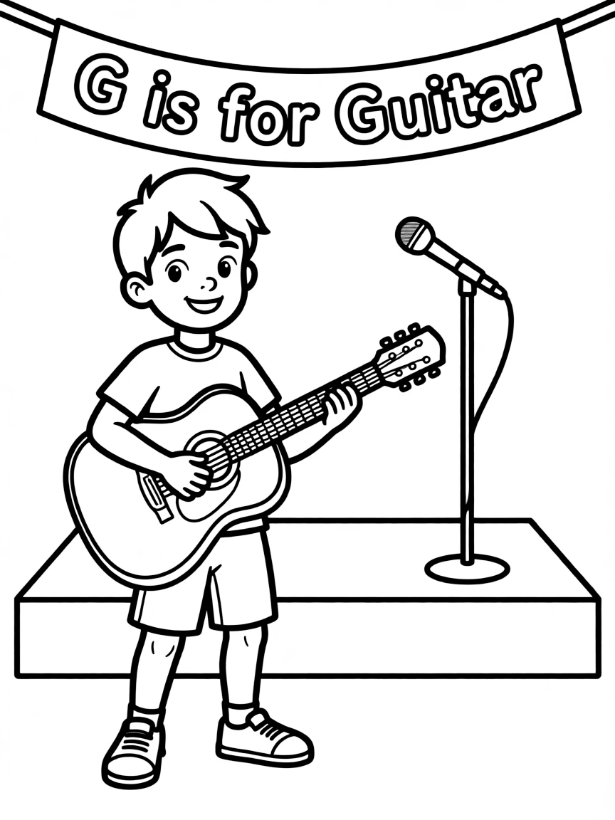 (letter card) G is for Guitar playing music on stage