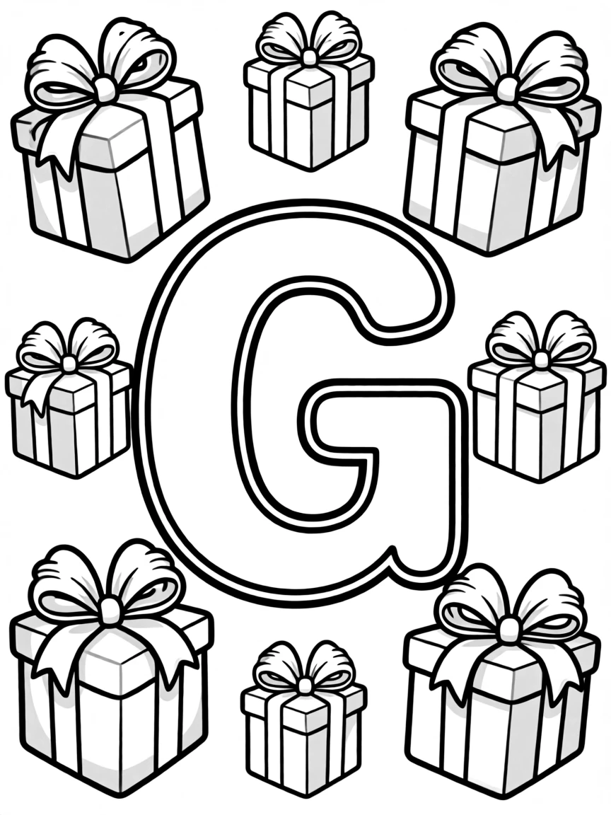 (letter card) G is for Gift boxes with bows and ribbons