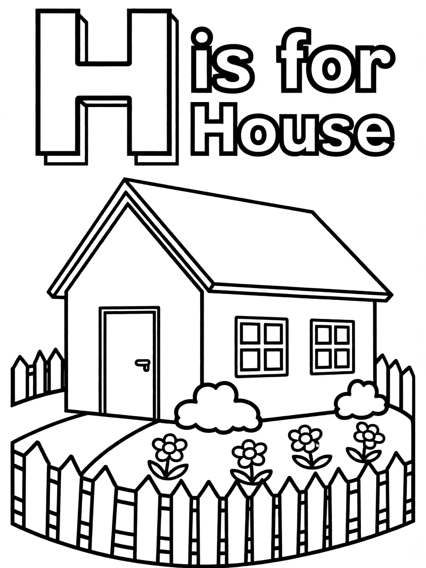 (letter card) H is for House with a garden and picket fence