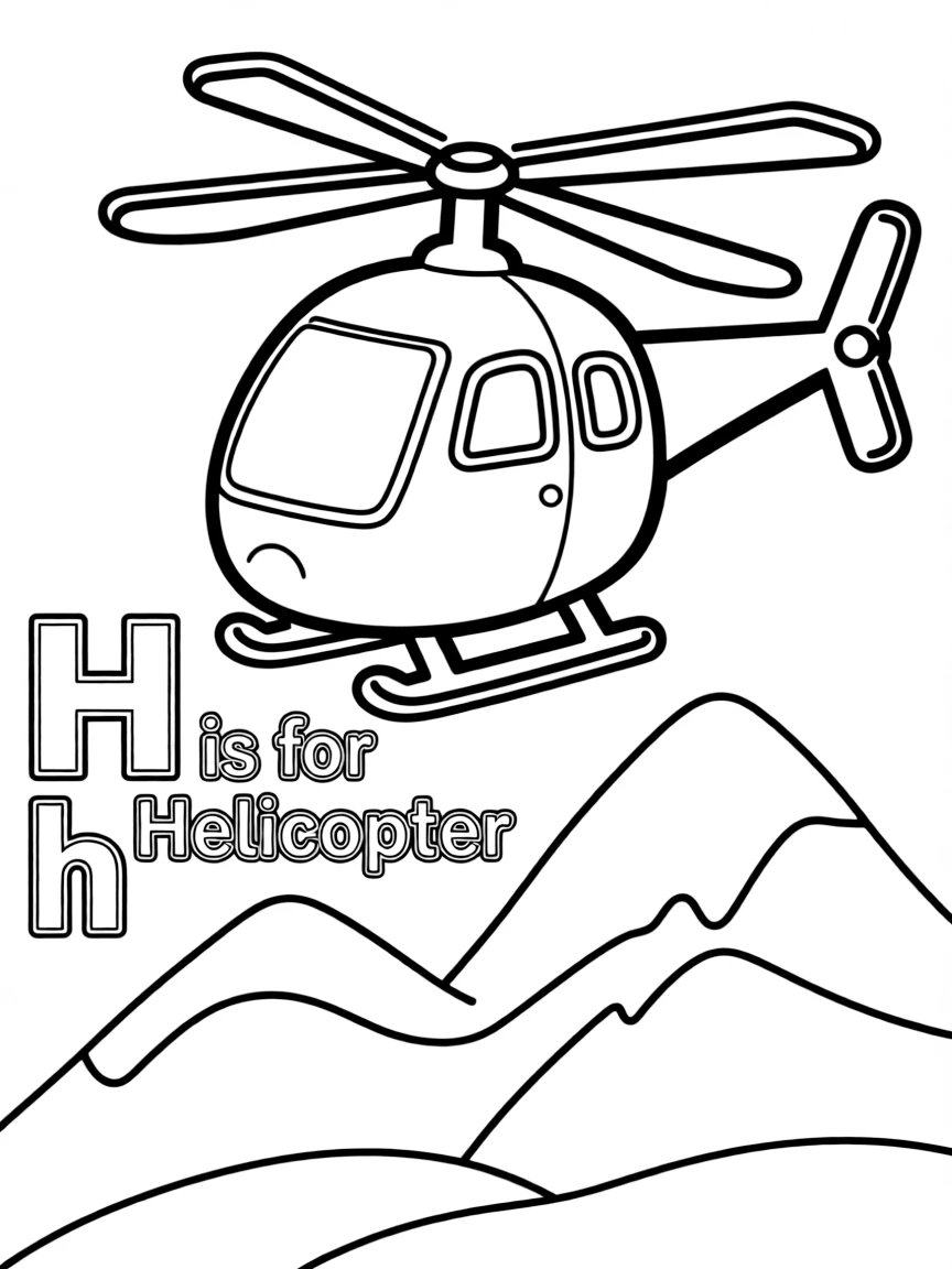 (letter card) H is for Helicopter flying over mountains