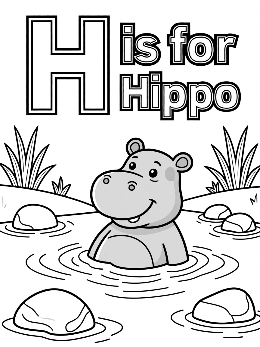 (letter card) H is for Hippo bathing in a river
