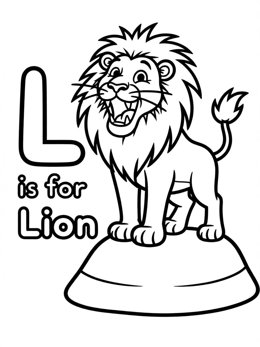 (letter card) L is for Lion roaring on a rock