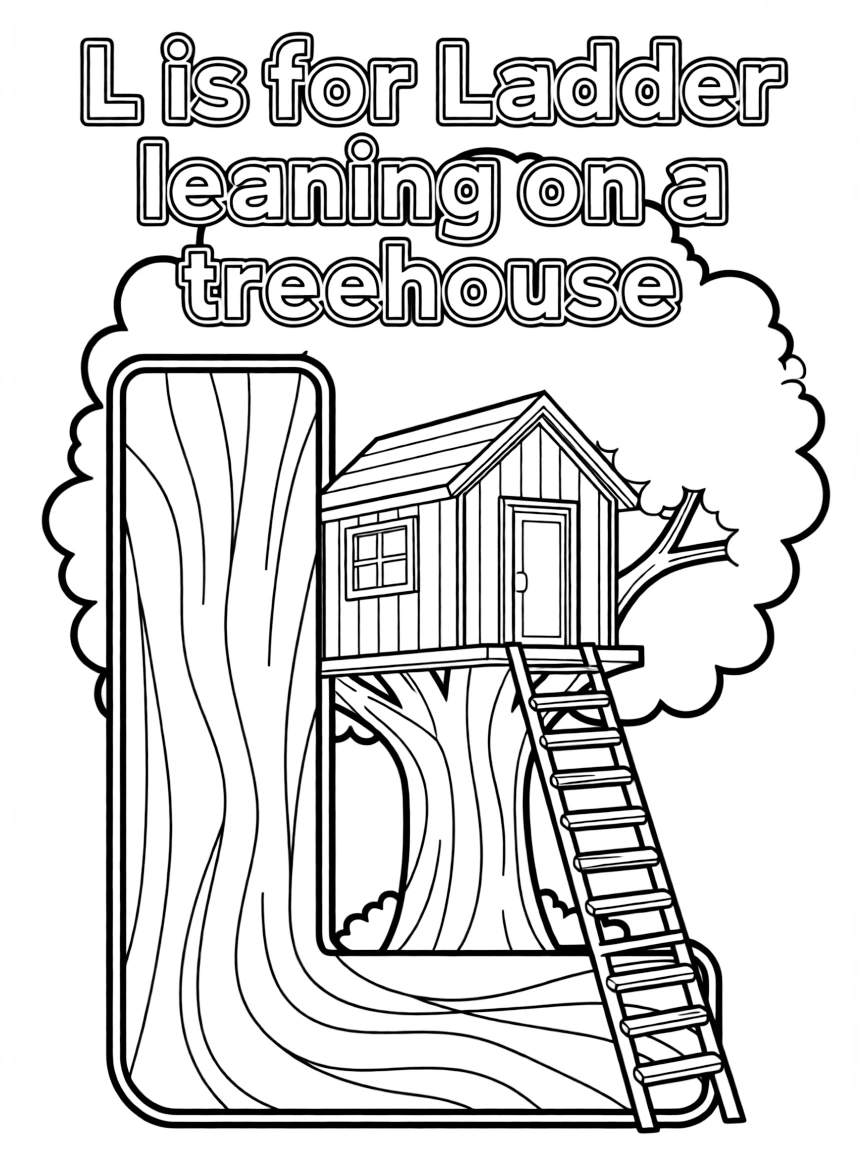 (letter card) L is for Ladder leaning on a treehouse