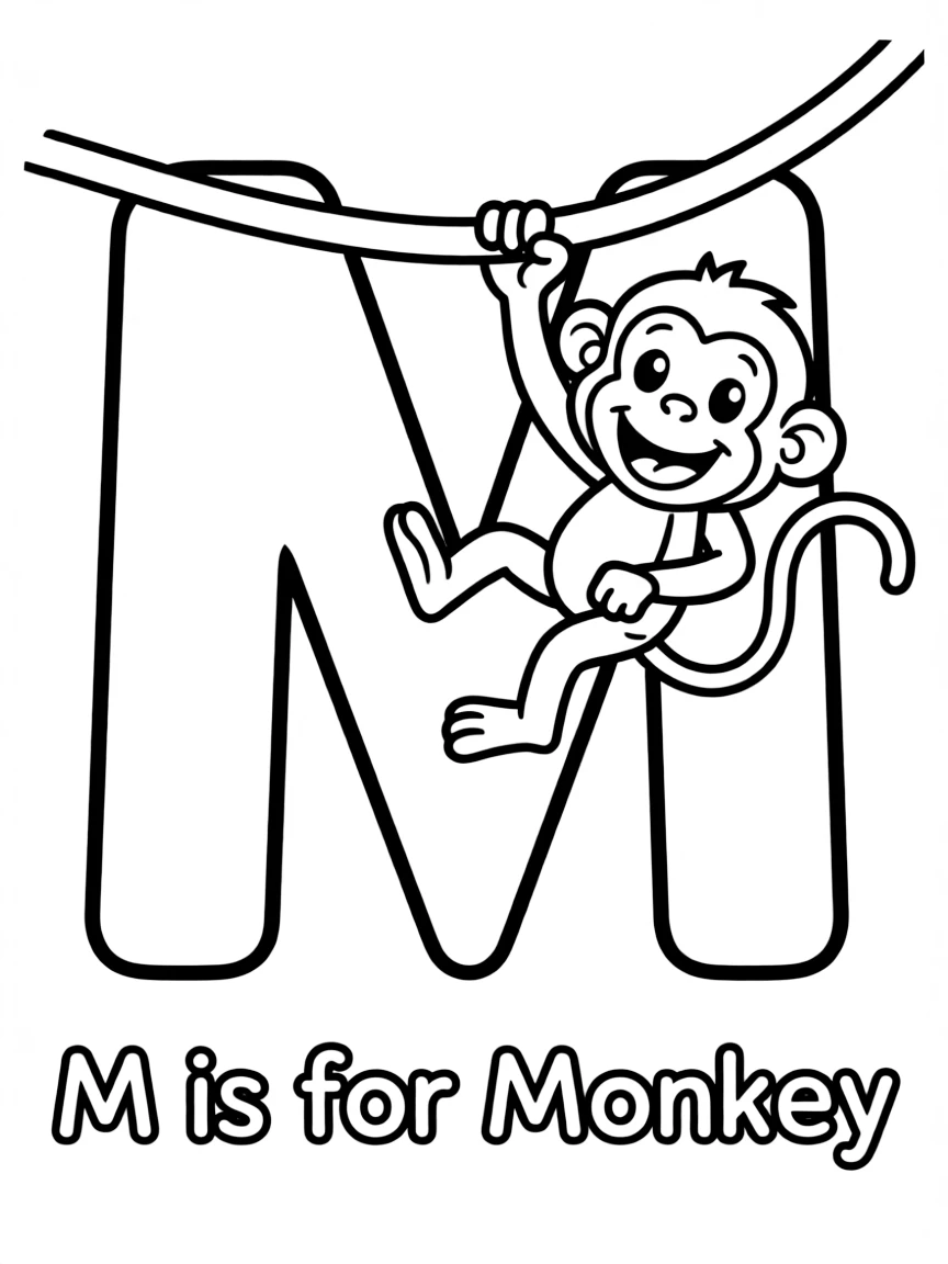 (letter card) M is for Monkey swinging from a vine