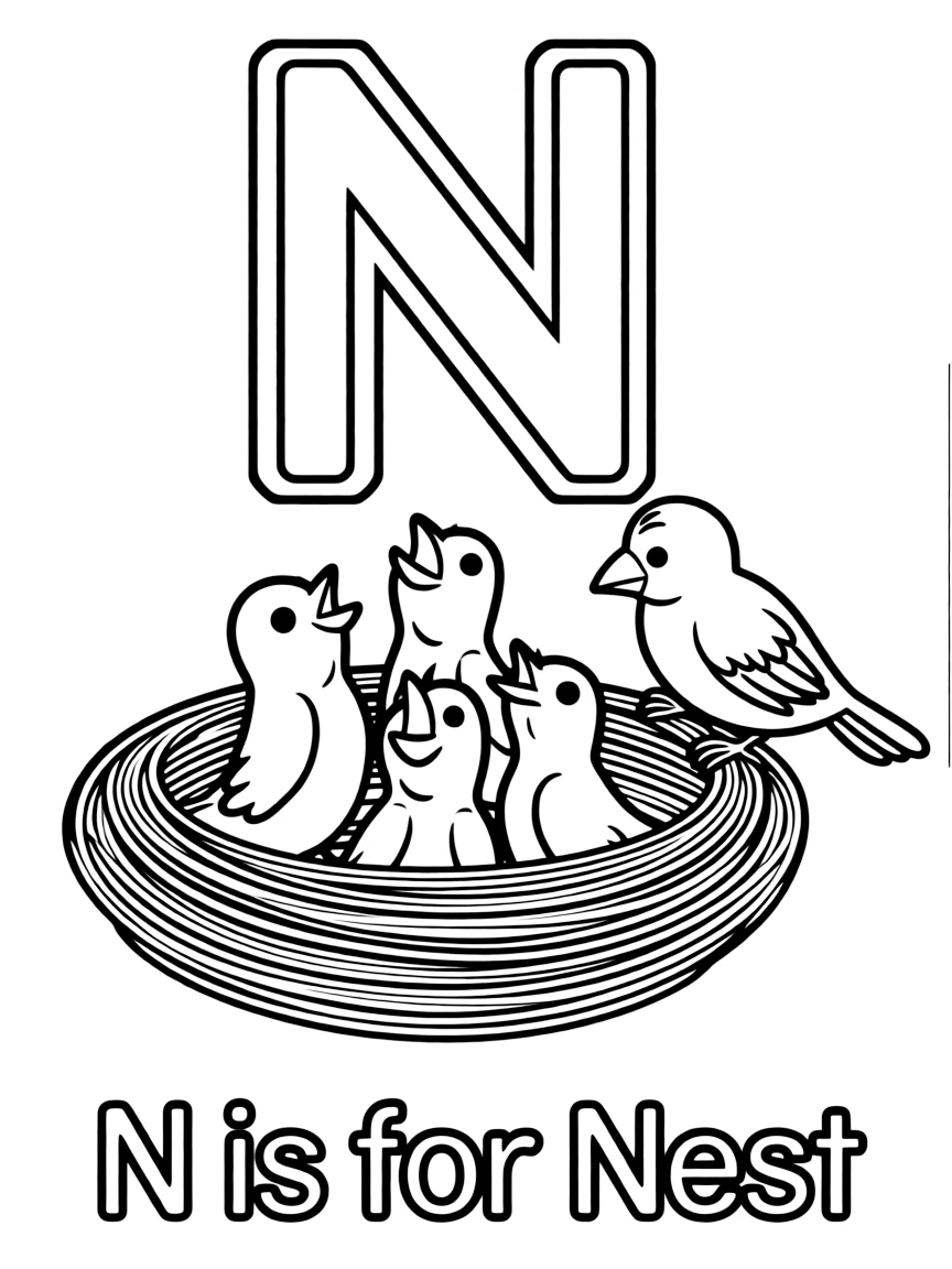 (letter card) N is for Nest with baby birds and a parent bird