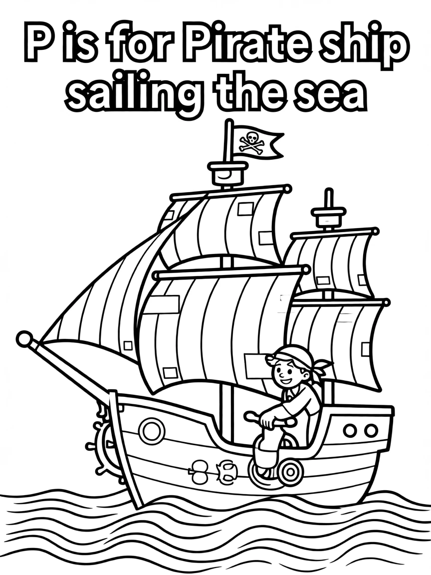 (letter card) P is for Pirate ship sailing the sea