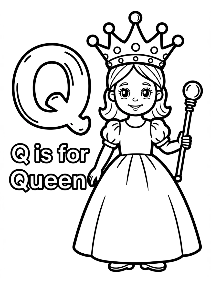 (letter card) Q is for Queen with a crown and a scepter