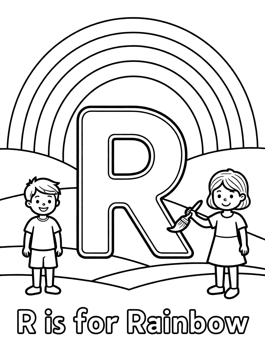 (letter card) R is for Rainbow stretching over hills