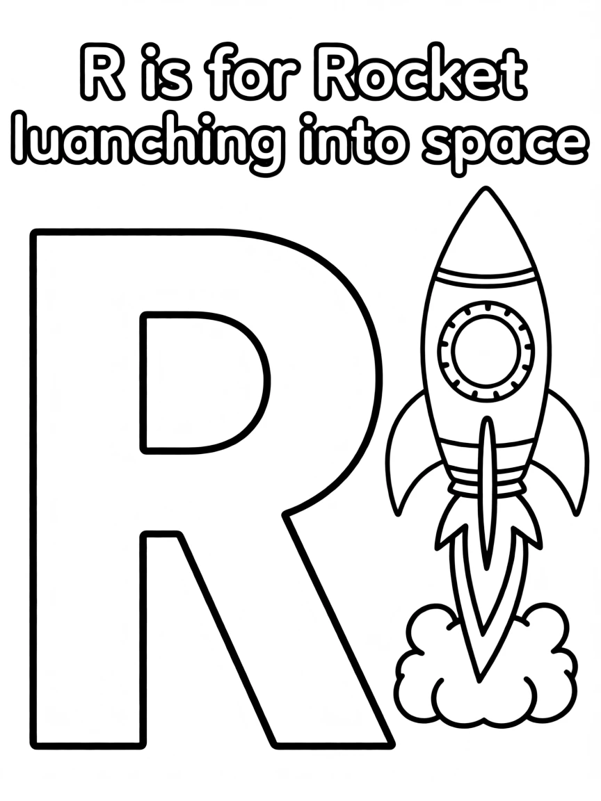 (letter card) R is for Rocket launching into space