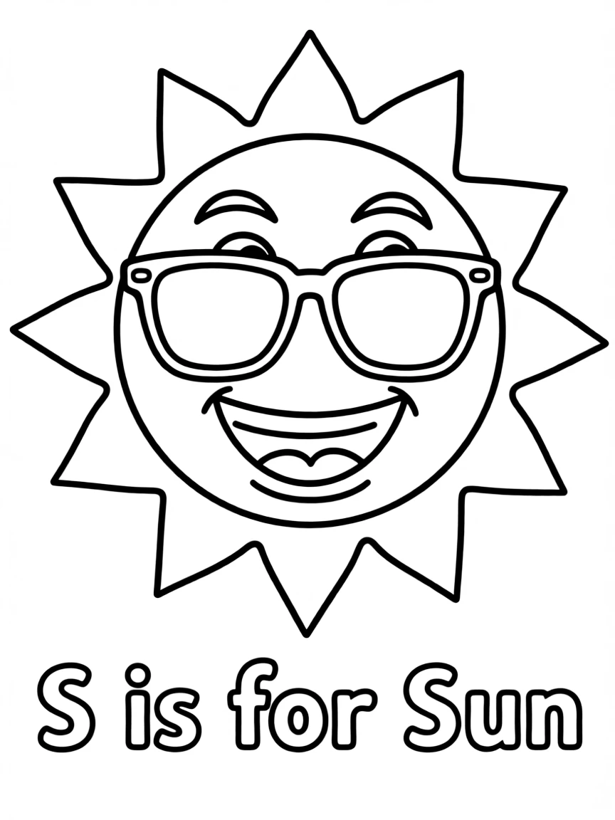 (letter card) S is for Sun smiling with sunglasses