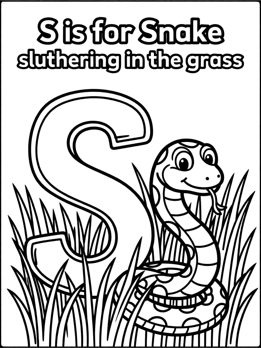 (letter card) S is for Snake slithering in the grass