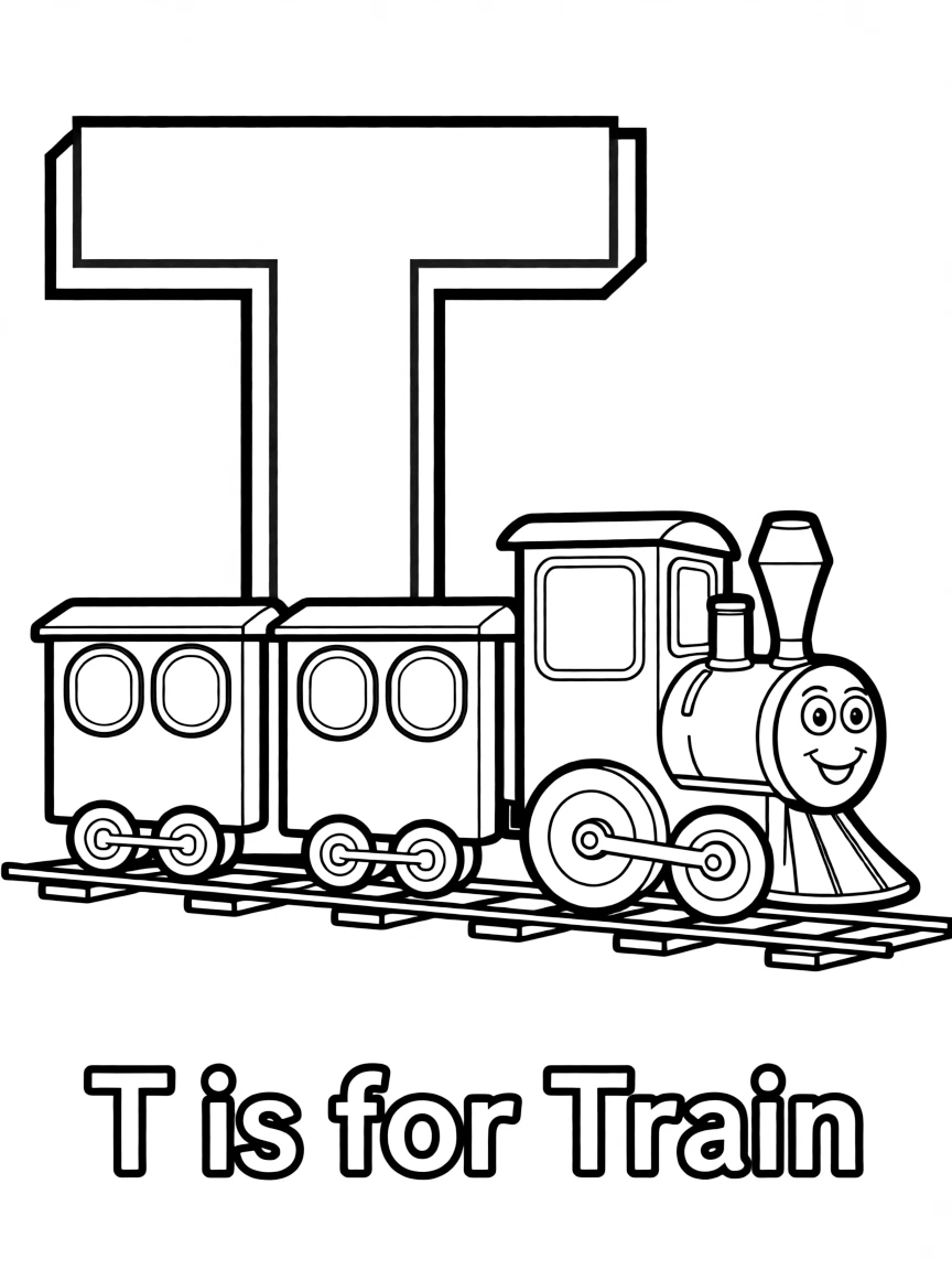 (letter card) T is for Train on a railroad track