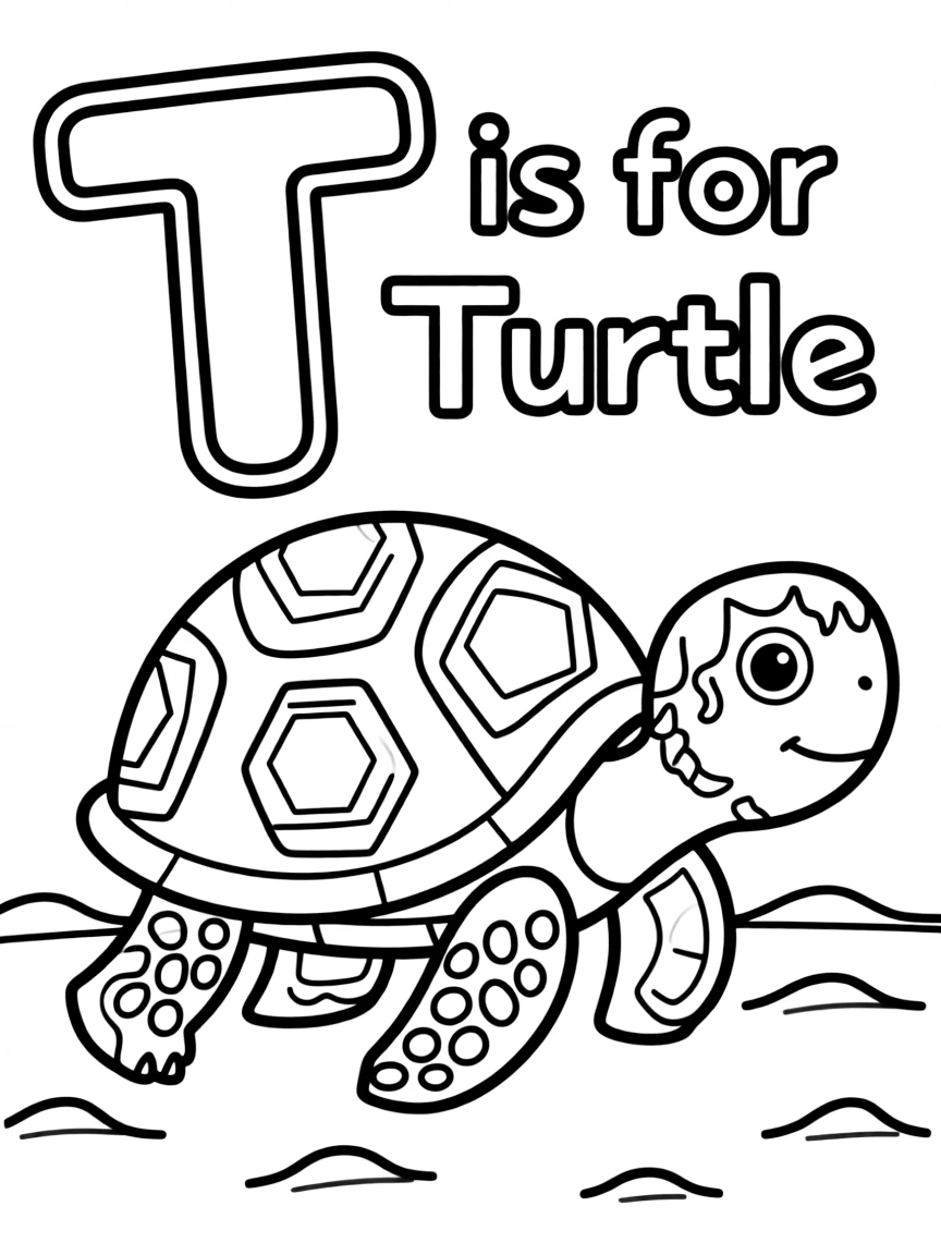 (letter card) T is for Turtle slowly walking on the sand