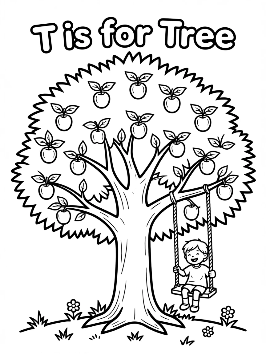 (letter card) T is for Tree full of apples and a swing