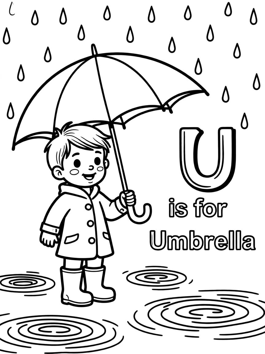(letter card) U is for Umbrella in the rain with puddles