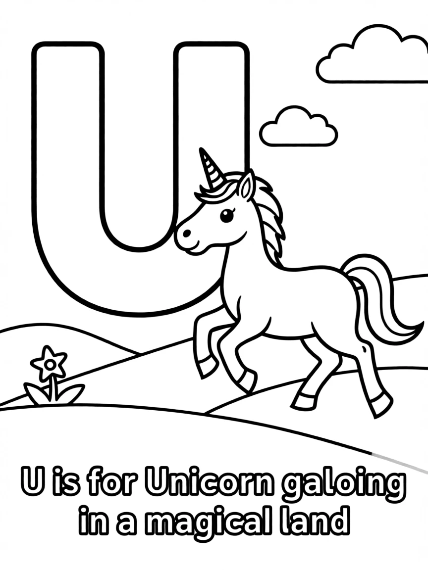(letter card) U is for Unicorn galloping in a magical land