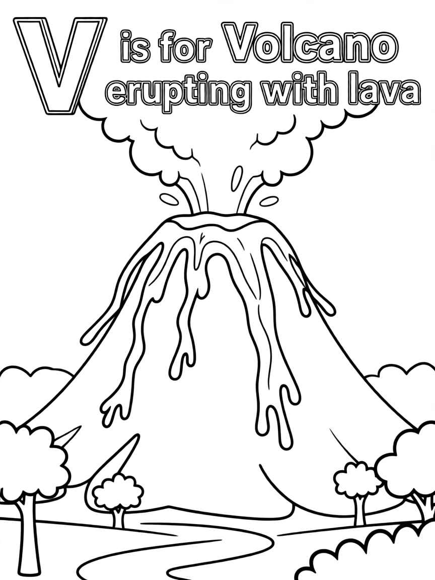 (letter card) V is for Volcano erupting with lava