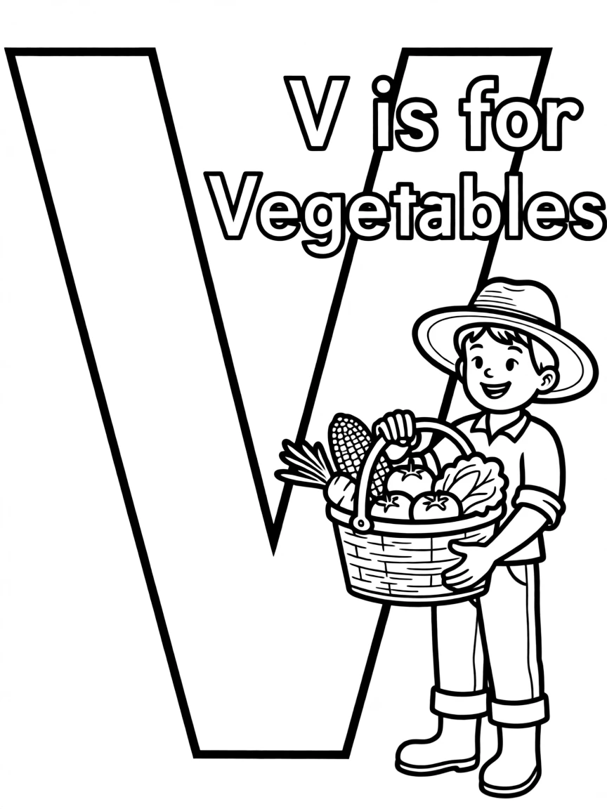 (letter card) V is for Vegetables in a farmer’s basket