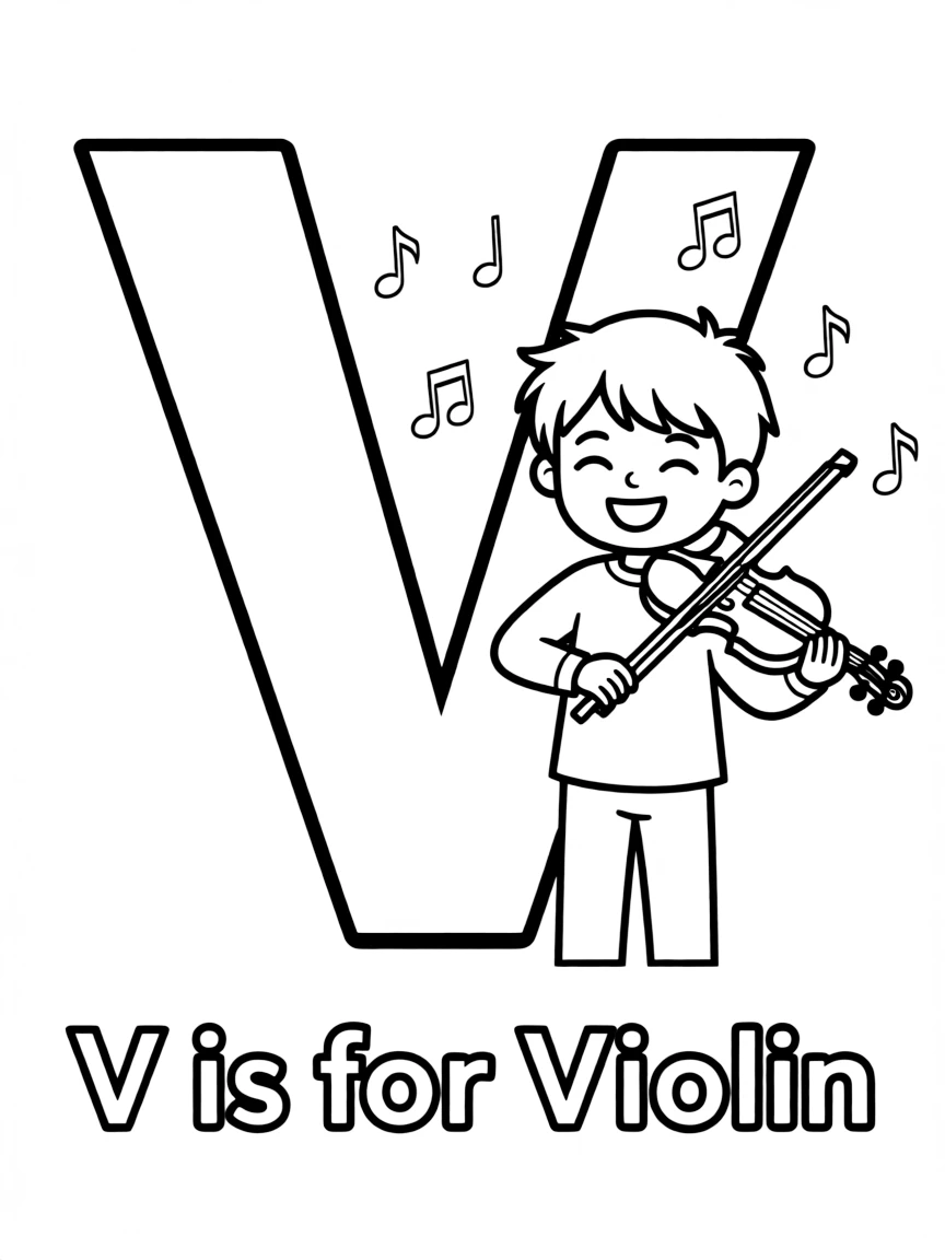 (letter card) V is for Violin and bow playing a melody