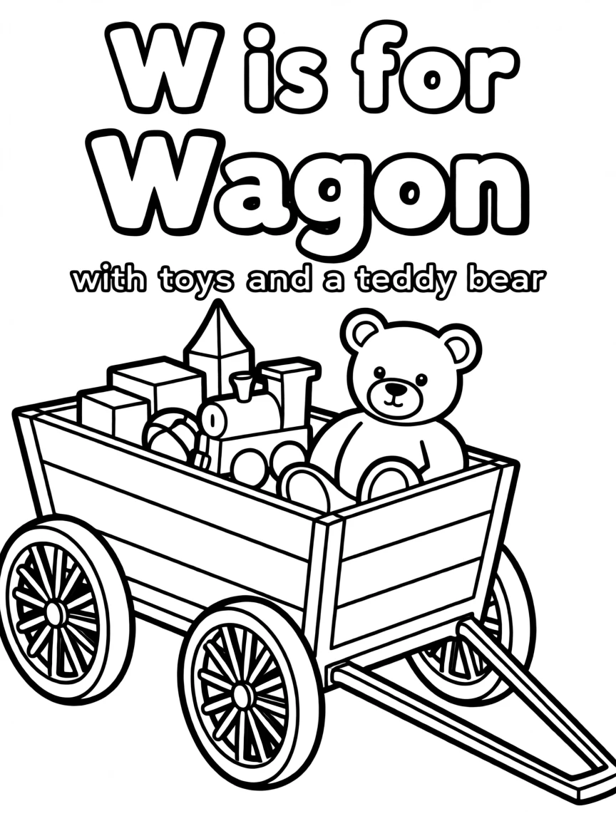 (letter card) W is for Wagon with toys and a teddy bear